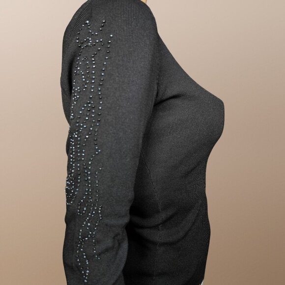 Vintage 90s Black Sweater Beaded Sleeves Size M Slim Ribbed Boat Neck Basic Top - Picture 3 of 6